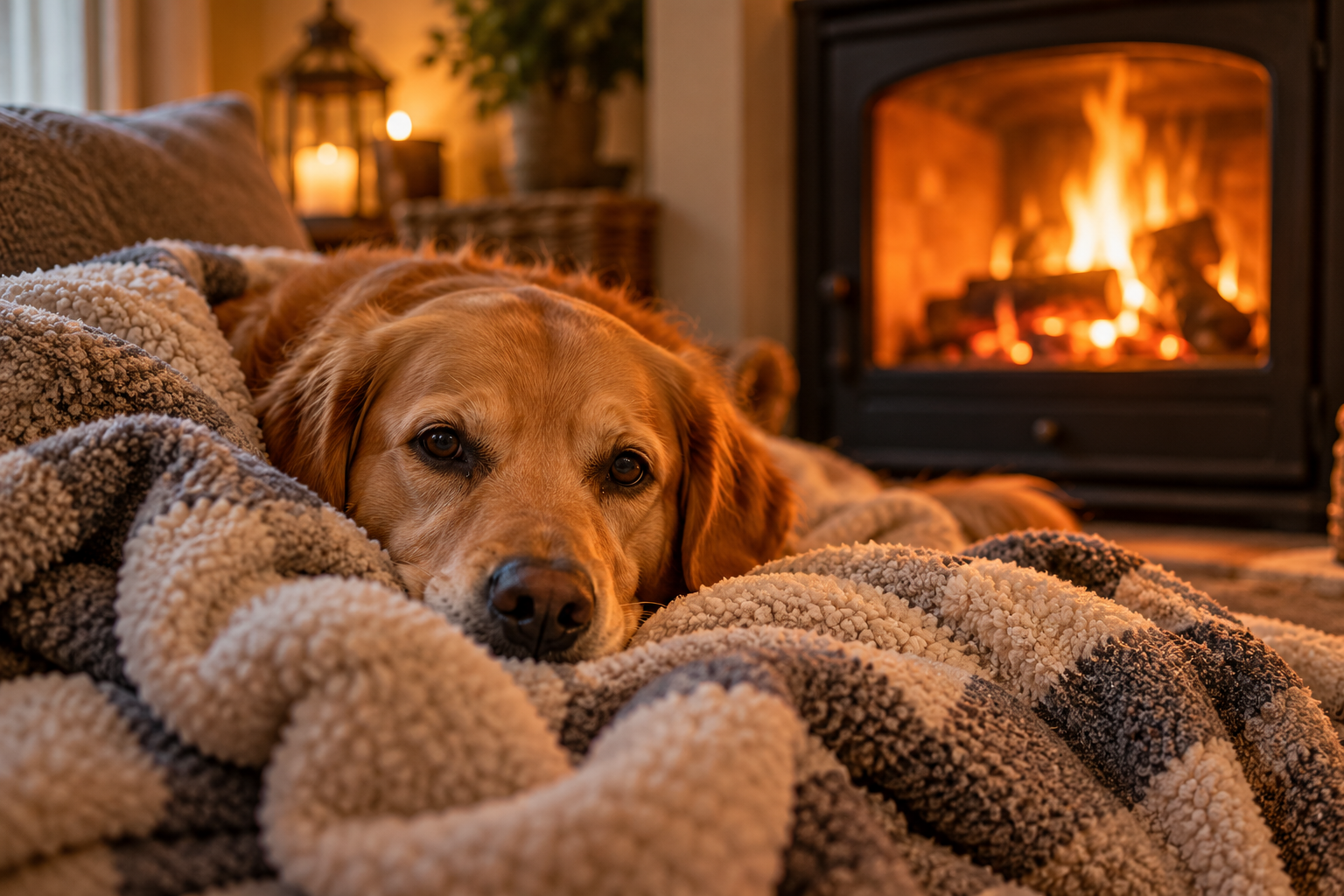 Golden Retriever snuggled under a cosy blanket beside a warm fireplace, safely relaxing indoors during Bonfire Night fireworks.