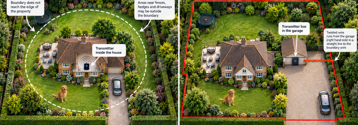 Wireless dog fence vs wired dog fence showing a circular wireless boundary compared with a wired boundary following the full garden perimeter