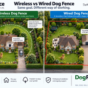 wireless-dog-fence-vs-wired-dog-fence infographic Wireless dog fence vs wired dog fence showing a circular wireless boundary compared with a wired boundary following the full garden perimeter