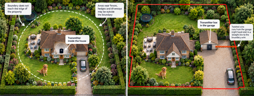 Wireless dog fence vs wired dog fence showing a circular wireless boundary compared with a wired boundary following the full garden perimeter