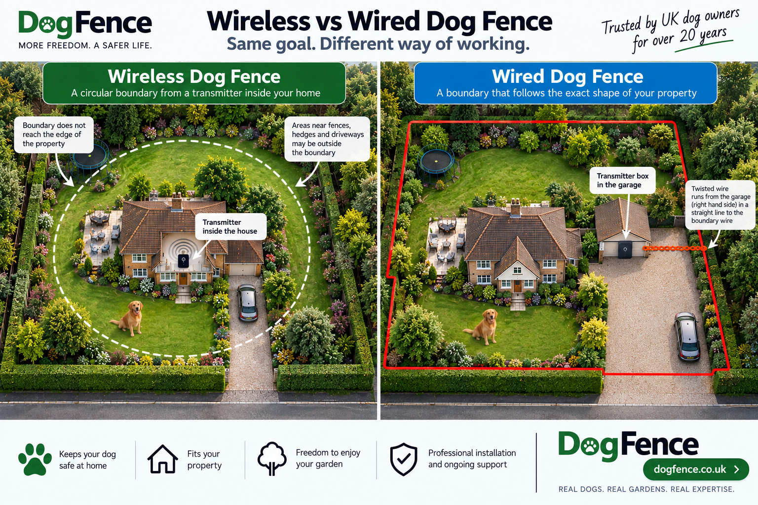 Wireless dog fence vs wired dog fence showing a circular wireless boundary compared with a wired boundary following the full garden perimeter
