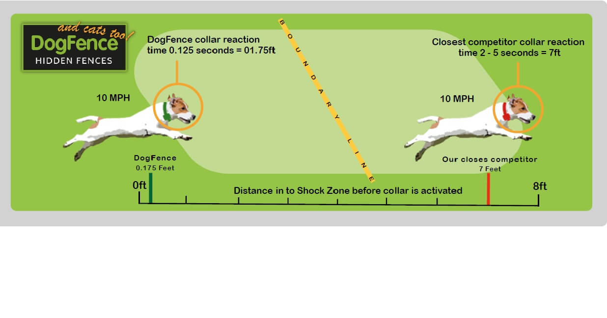 Infographic comparing DogFence and Freedom Fence collar reaction times—when a dog runs at 10 mph into the boundary, the DogFence collar activates in about 0.125 seconds (stopping the dog within roughly 0.175 ft), whereas a Freedom Fence collar takes 2–5 seconds, letting the dog travel up to 7 ft into the no‑go zone