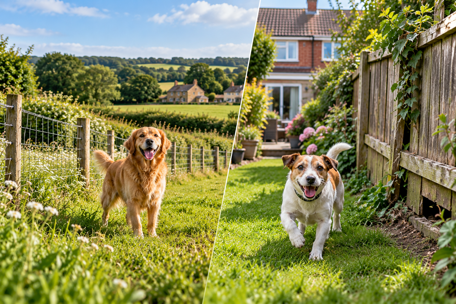 Rural vs urban dog fence solutions showing a Golden Retriever in a countryside garden with stock fencing and a terrier beside a wooden fence in a suburban garden.