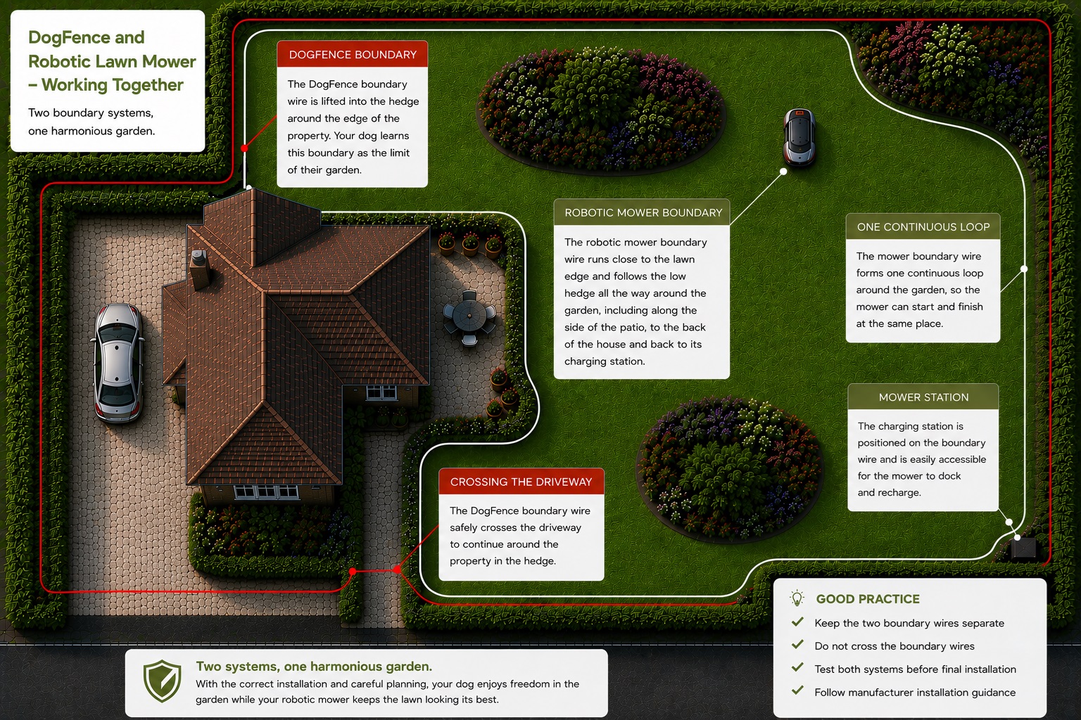 DogFence and robotic lawn mower boundary wires installed separately to help prevent signal interference