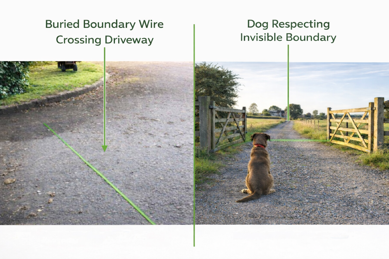 electric fence for dogs buried boundary wire crossing driveway with trained dog sitting inside open gate