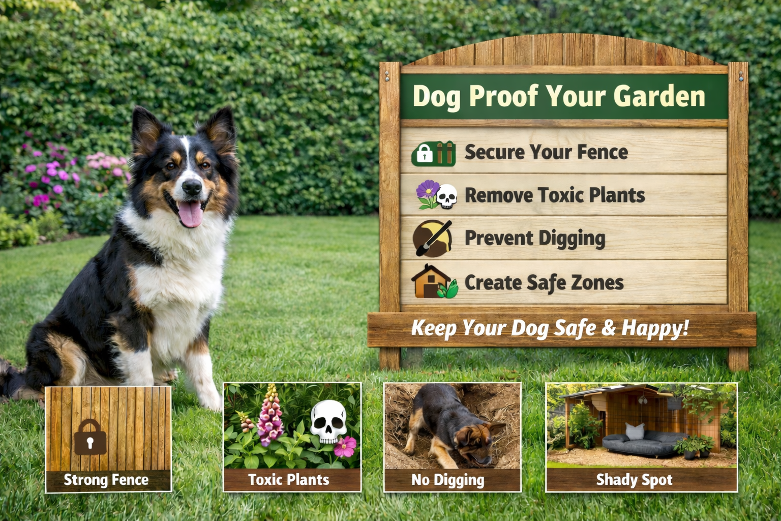checklist sign showing ways to dog proof your garden including fencing plant safety and digging prevention