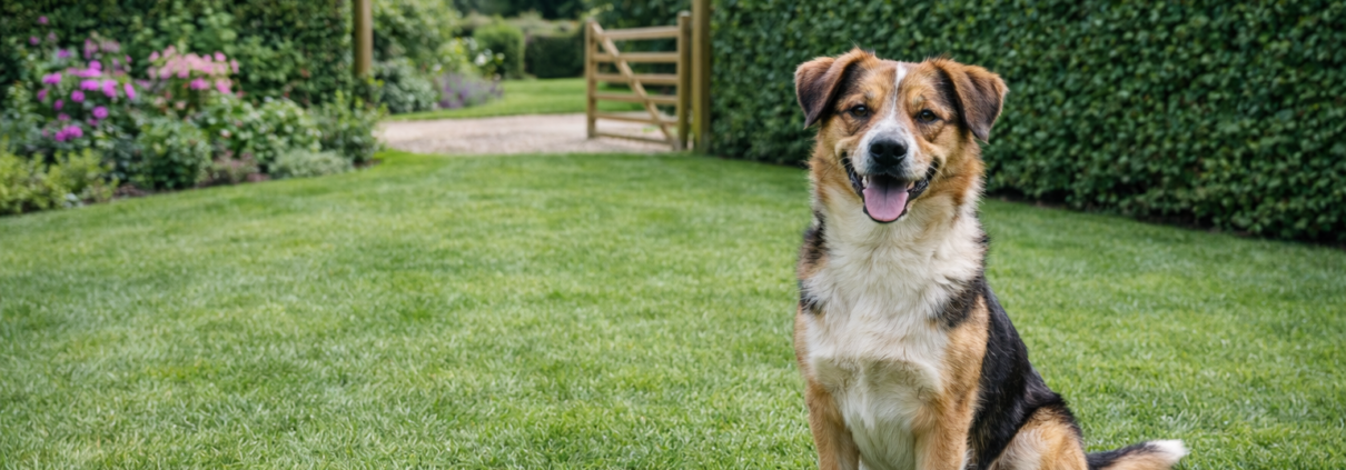 Dog sitting safely inside hedge boundary in English garden demonstrating dog proof garden setup