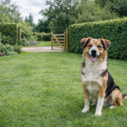 Dog sitting safely inside hedge boundary in English garden demonstrating dog proof garden setup