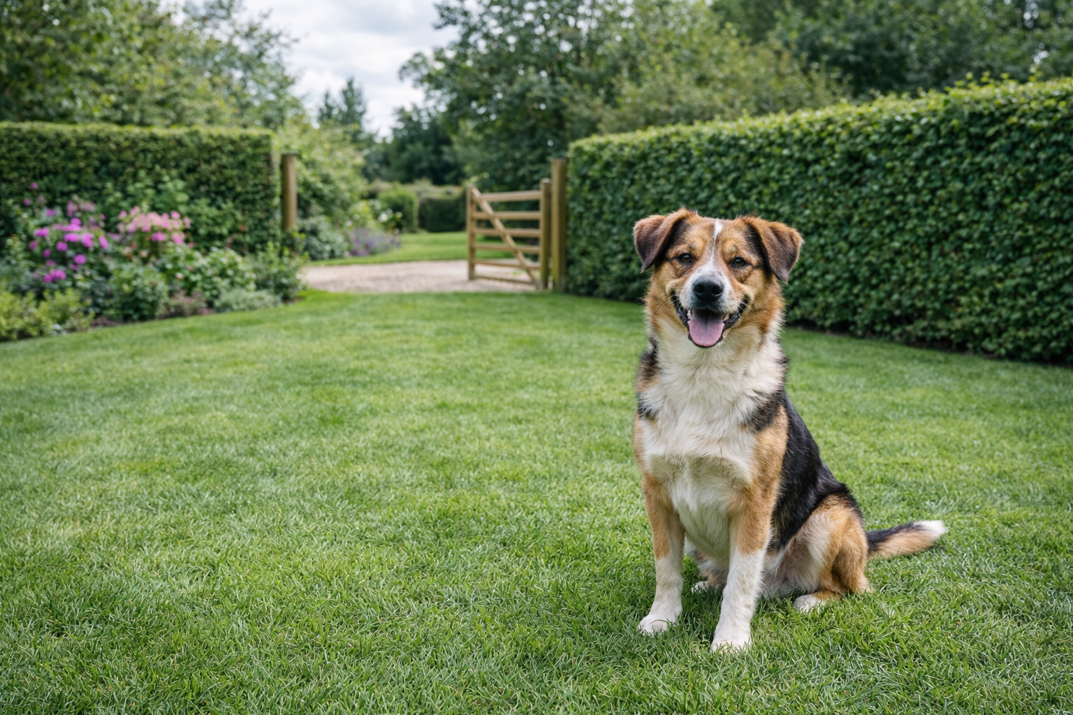 Dog sitting safely inside hedge boundary in English garden demonstrating dog proof garden setup