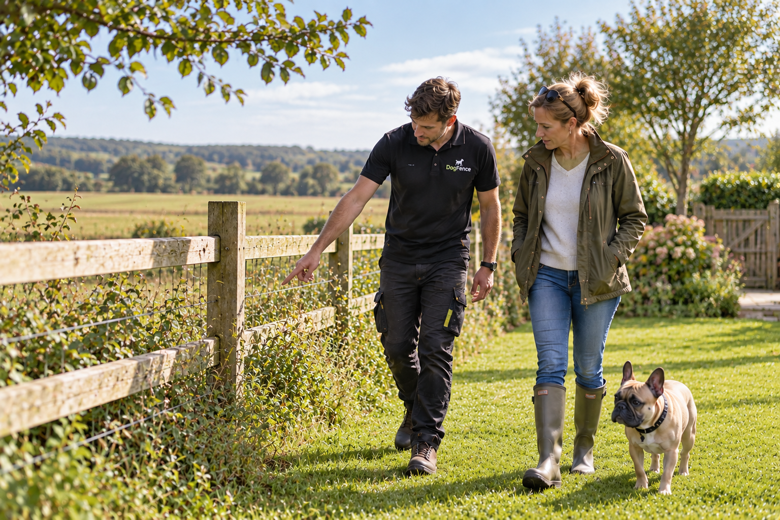 DogFence installer assessing a rural garden boundary fence with a customer and dog