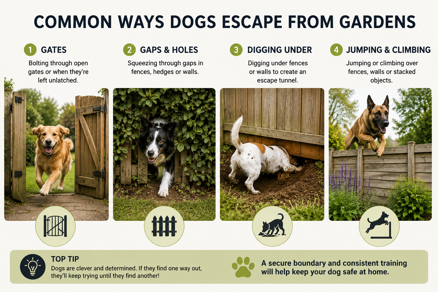 Common ways dogs escape from gardens including gates, gaps, digging and jumping fences