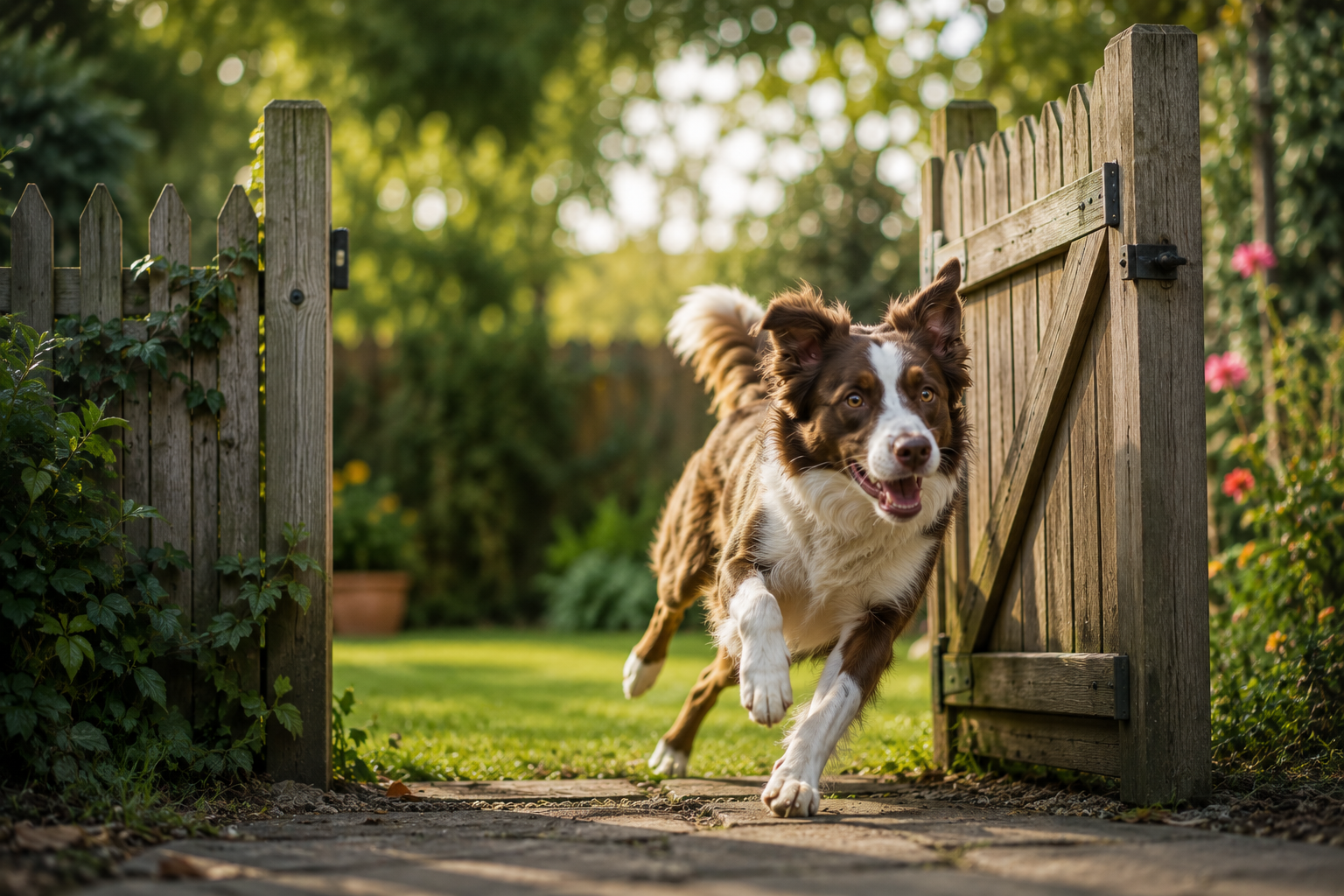 Dog running away through an open garden gate