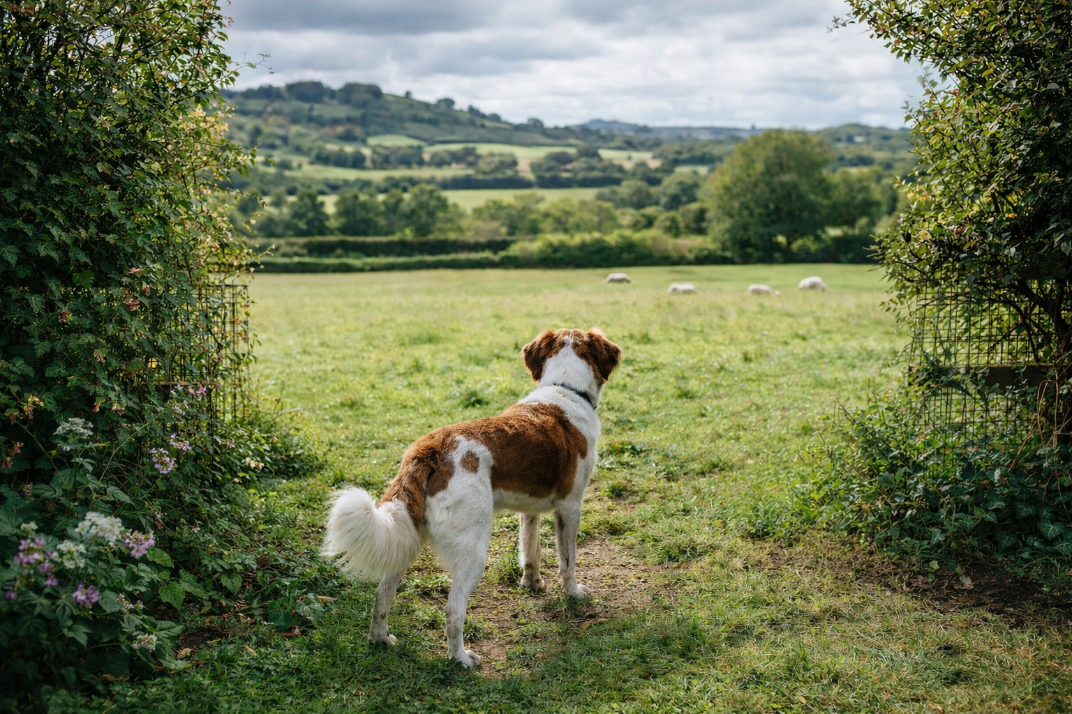 Dog standing at open garden boundary looking out over rural countryside in the UK