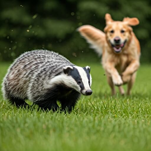 High-energy dog with strong prey drive chasing a badger — example of why dog fencing for active breeds is important