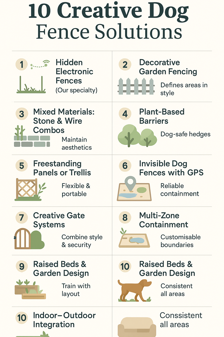 Infographic listing 10 creative dog fence solutions including hidden electronic fences, decorative fencing, plant barriers, and GPS systems highlighting unreliable containment.