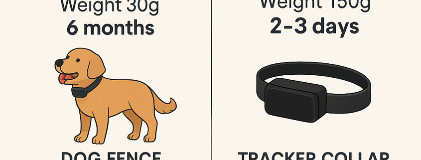 Battery life comparison between electronic dog fence collars and GPS tracker collars for small and large dogs