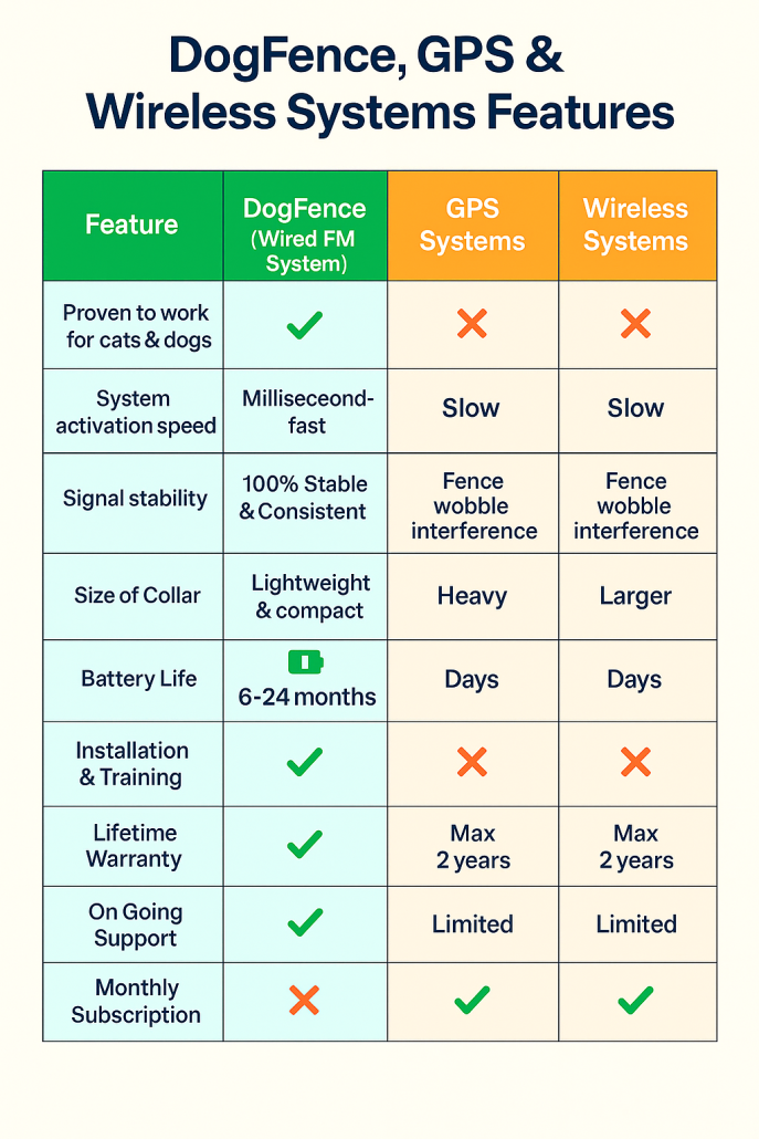 Comparison infographic showing DogFence wired dog fence vs GPS and wireless dog fences in the UK, highlighting reliability, collar weight, battery life, and safety advantages