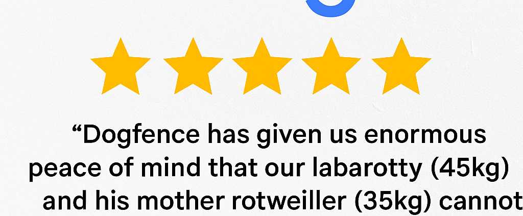 5-star Dog Fence Google review highlighting customer satisfaction with DogFence system
