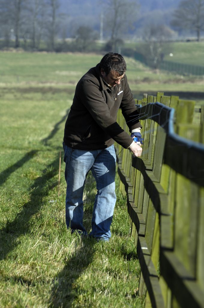 DogFence engineer installing cat fence wire above ground along wooden garden fence