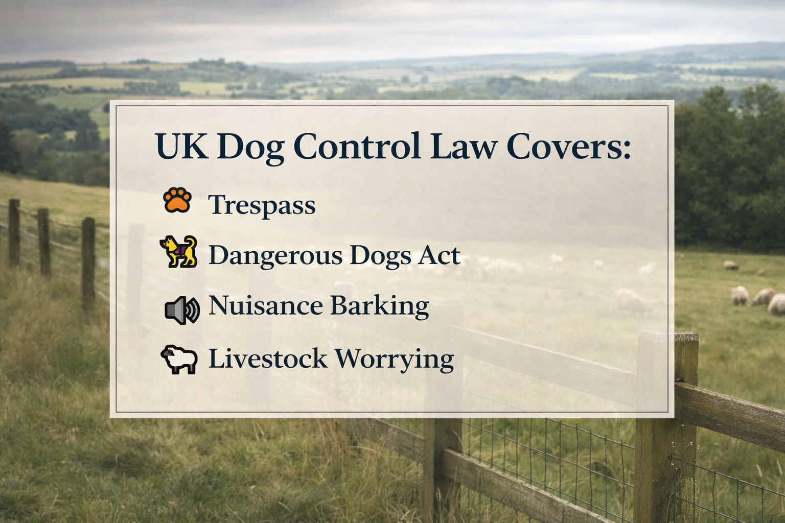 Graphic outlining UK dog control law including trespass, Dangerous Dogs Act, nuisance barking and livestock worrying