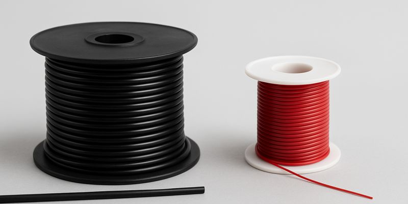 Comparison of heavy-duty 2.5mm black dog fence cable and thin 0.25mm red cable showing durability difference