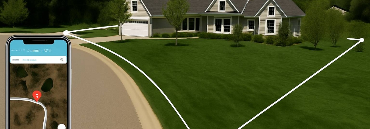 GPS dog fence boundary shown around house with smartphone app display