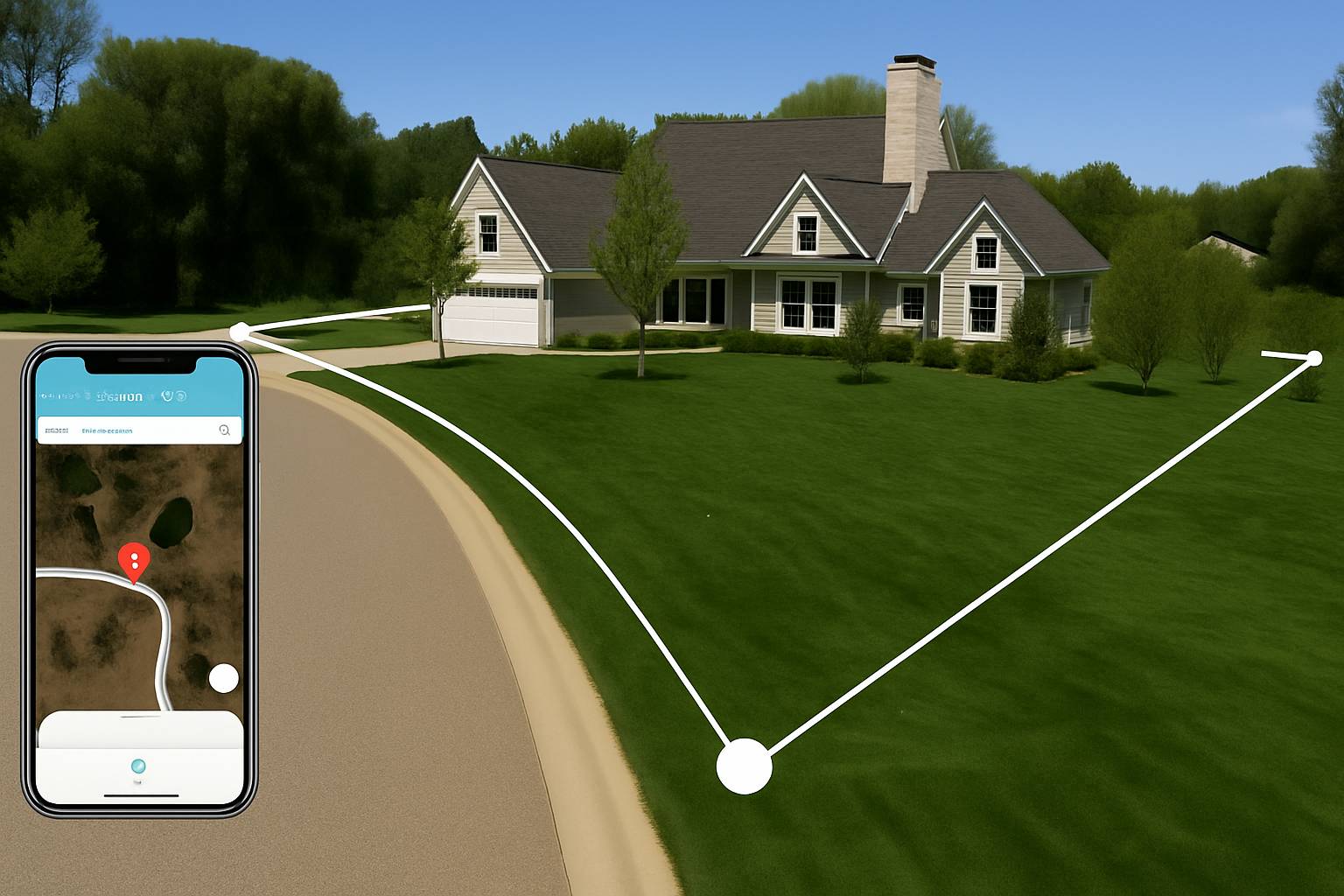 GPS dog fence boundary around a house shown with white lines and smartphone app display