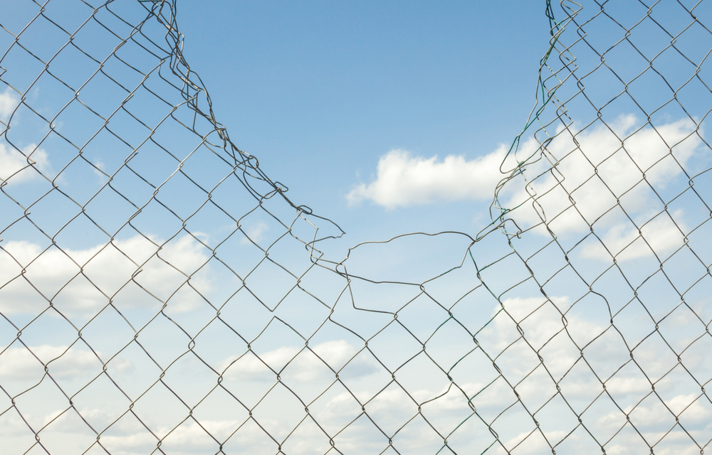Broken wire fence highlighting the failure of traditional fencing for escape-artist dogs
