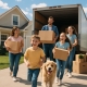 Family with dog moving into a rental home – highlighting the need for dog fencing for rental properties.