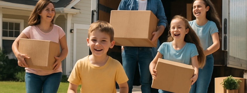 Family with dog moving into a rental home – highlighting the need for dog fencing for rental properties.