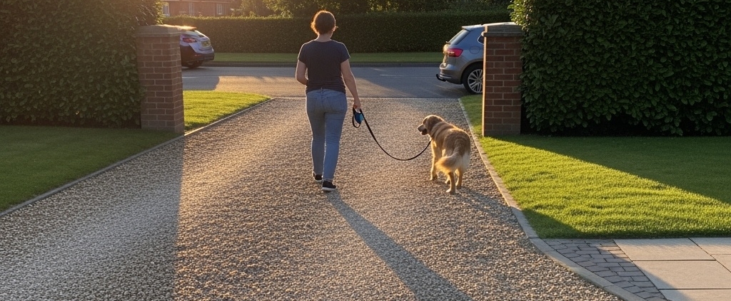 woman showing how to walk dog over the driveway with a dog fence installed