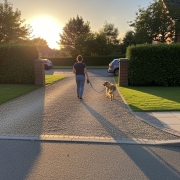 woman showing how to walk dog over the driveway with a dog fence installed