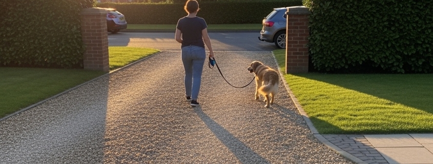 woman showing how to walk dog over the driveway with a dog fence installed