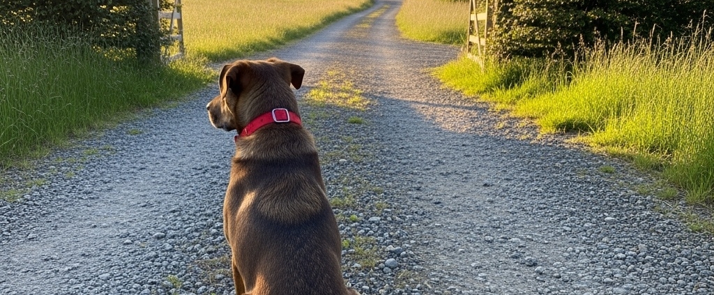 Dog sitting safely at the entrance of a driveway protected by an underground dog fence system