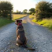 Dog sitting safely at the entrance of a driveway protected by an underground dog fence system