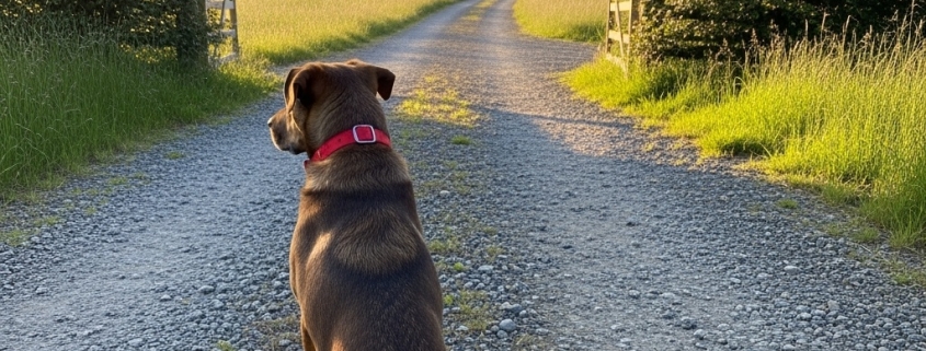 Dog sitting safely at the entrance of a driveway protected by an underground dog fence system