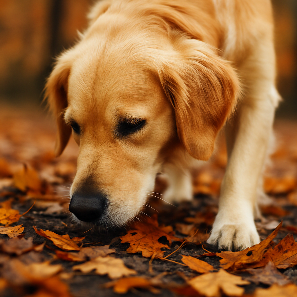 Dog sniffing an acorn on the ground – awareness of acorn poisoning risk for dogs