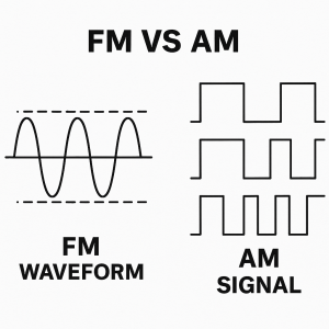 FM vs AM radio dog fence signals showing smooth FM waveform compared to step-like AM signal