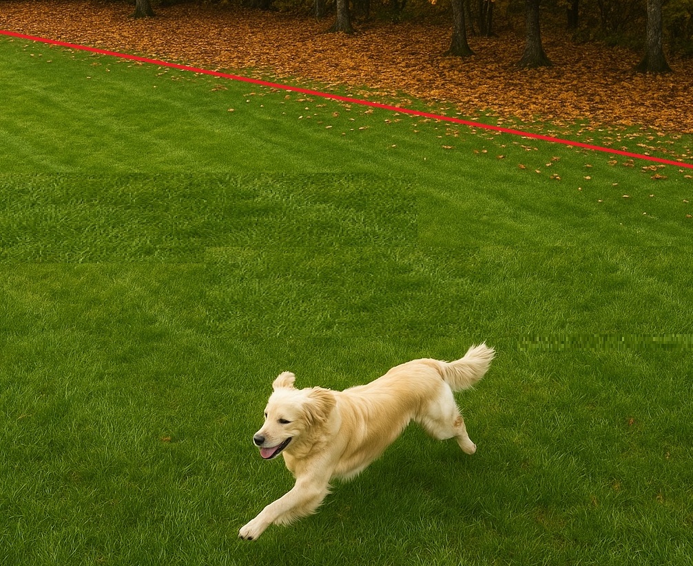 Aerial view of a golden retriever running freely on a green lawn, with a red boundary line marking a no-go zone near autumn trees to illustrate an invisible dog fence system