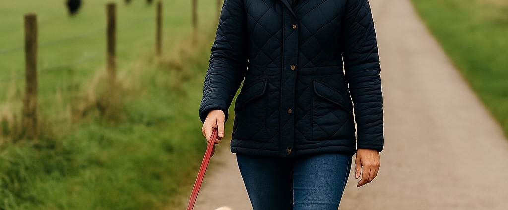 Responsible dog owner walking her Labrador on a countryside path – compliant with UK dog law and keeping pets safe