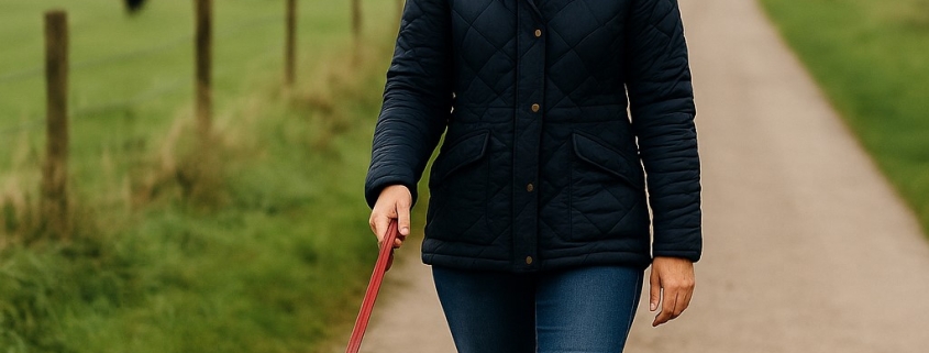 Responsible dog owner walking her Labrador on a countryside path – compliant with UK dog law and keeping pets safe
