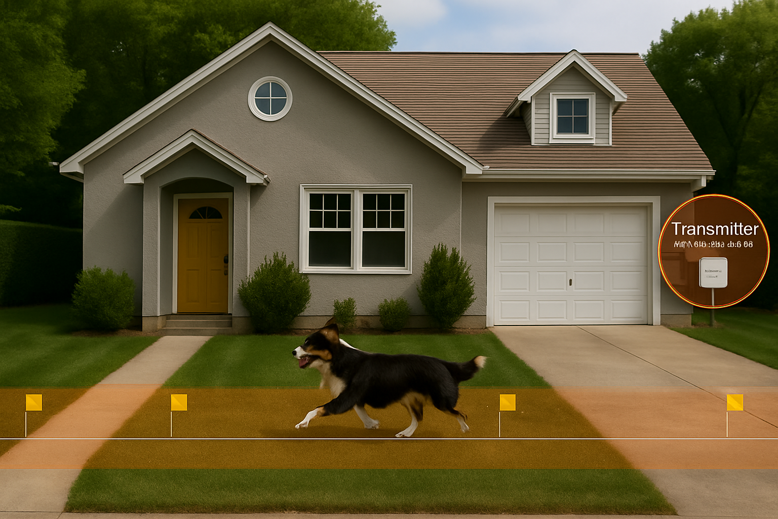 Dog running inside the safe zone of an electronic dog fence system in front of a house during training