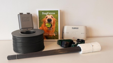 DIY dog fence kit with underground wire, training flags, and receiver collar