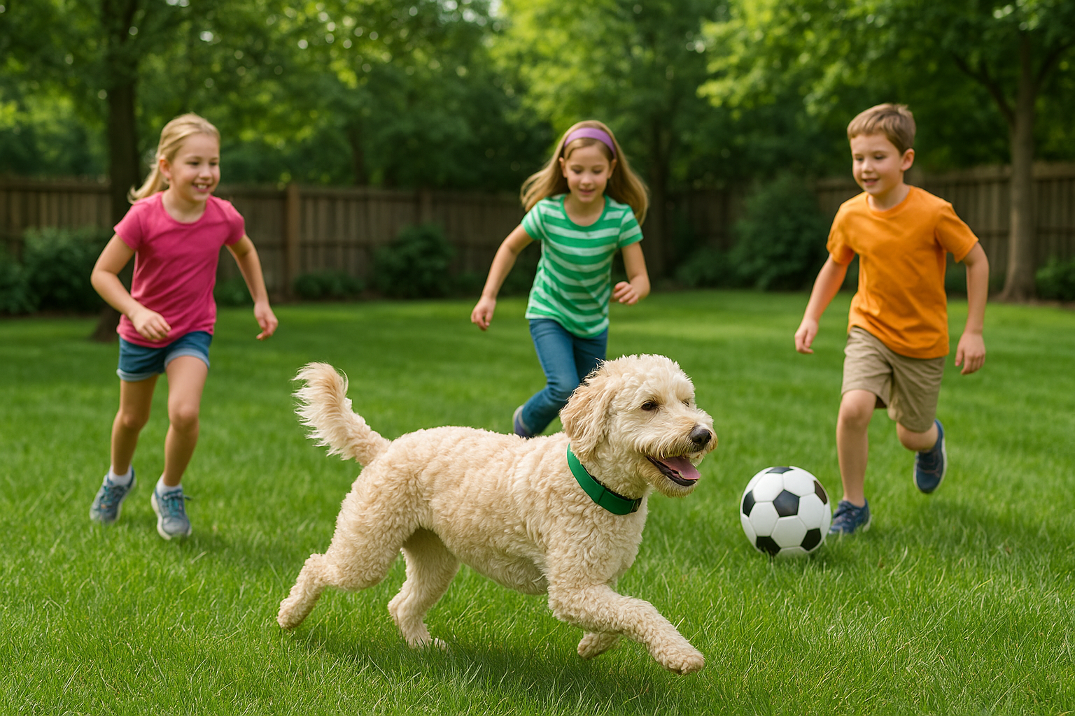 “Children playing safely in a garden while their dog runs freely within a DogFence containment system, showing dog fence safety for children