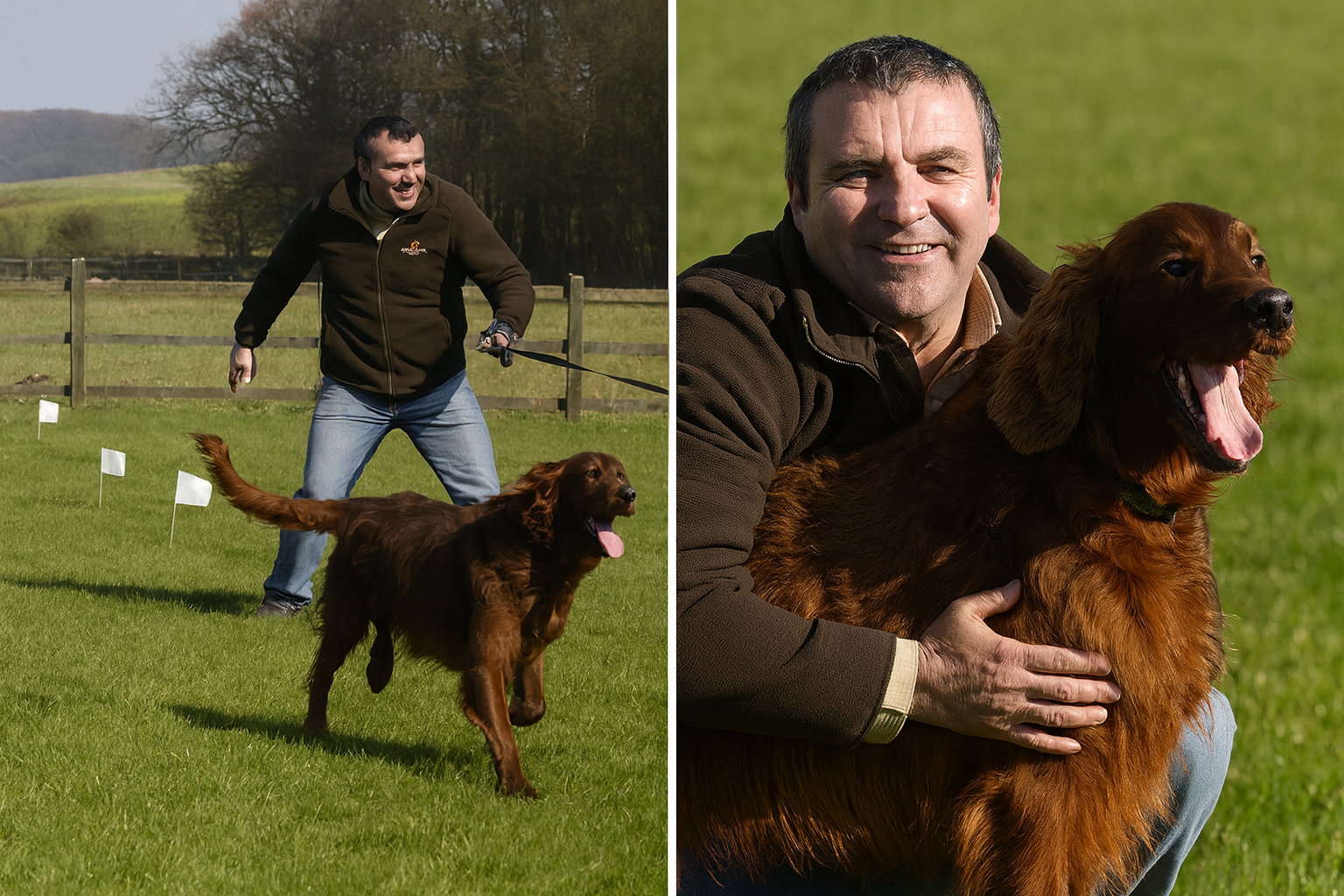 Professional DogFence installer helping a nervous Irish Setter during boundary training, followed by a confident, happy dog after gentle guidance