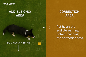 Top view diagram showing audible warning zone, correction area and boundary wire for an invisible electronic dog fence