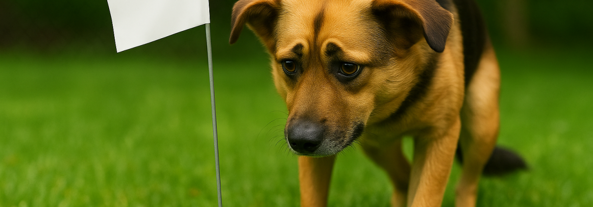 Nervous dog looking cautiously at a white dog fence training flag during boundary training