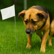nervous-dog-training-white-flag-dog-fence Nervous dog looking cautiously at a white dog fence training flag during boundary training
