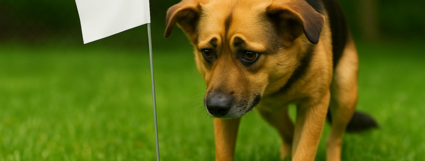 Nervous dog looking cautiously at a white dog fence training flag during boundary training