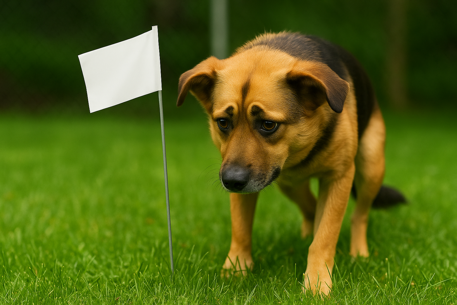 Nervous dog looking cautiously at a white dog fence training flag during boundary training